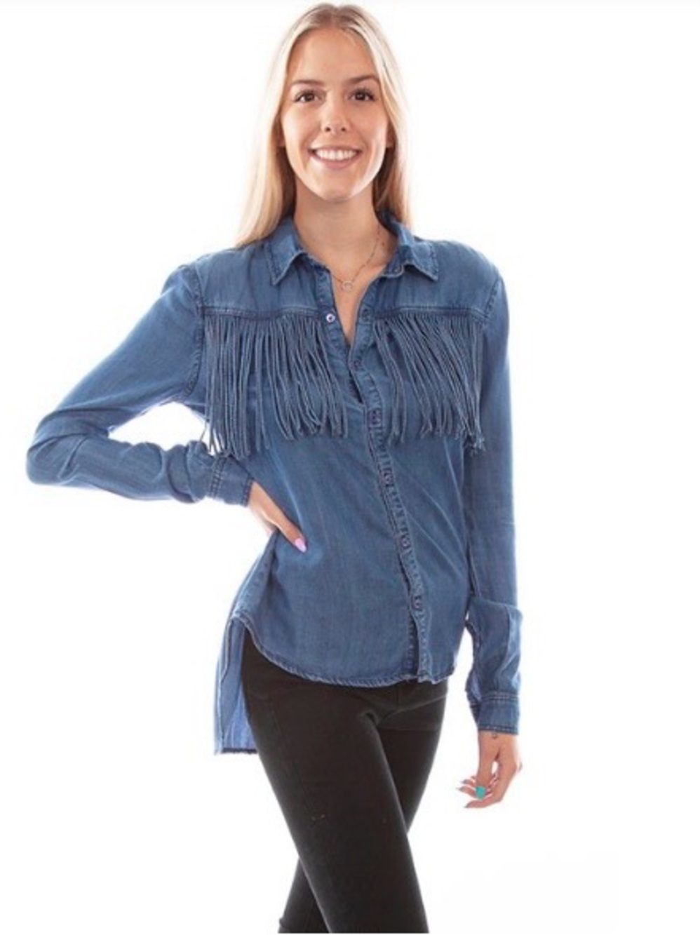 Scully Women’s SZ XL Denim Fringe Chambray Button-Down Shirt NWT 100% Cotton.